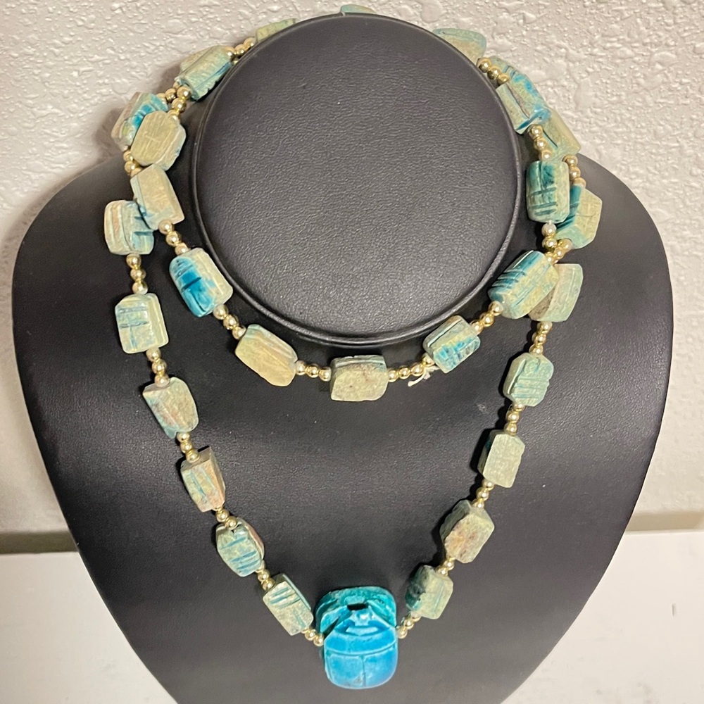 Vintage Necklace Egyptian Revival Scarab Beetle Faience Soapstone Beaded - Picture 3 of 6